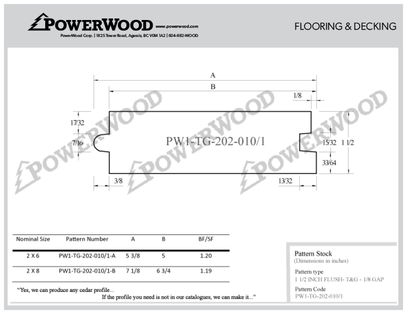 1 1/2 inch Flush Tongue and Groove Decking and Flooring Pattern with 1/8 Gap