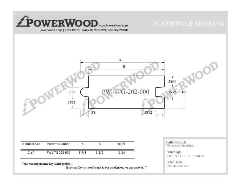 1 1/2 inch Flush Tongue and Groove Decking and Flooring Pattern