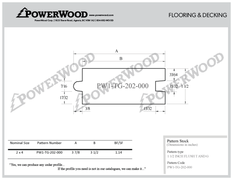 1 1/2 inch Flush Tongue and Groove Decking and Flooring Pattern